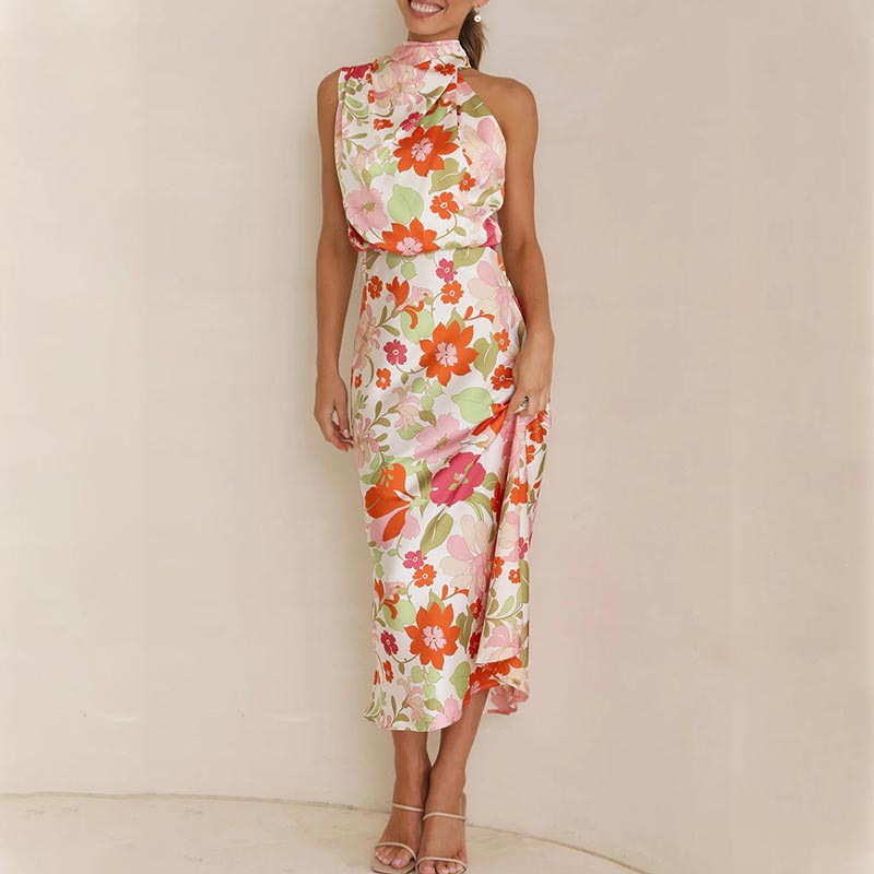 ✨Love In The Garden Floral Halter Neck Elastische Taille Maxi Kleid
