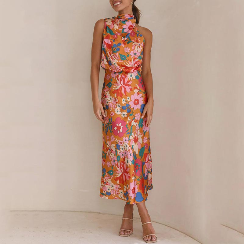 ✨Love In The Garden Floral Halter Neck Elastische Taille Maxi Kleid