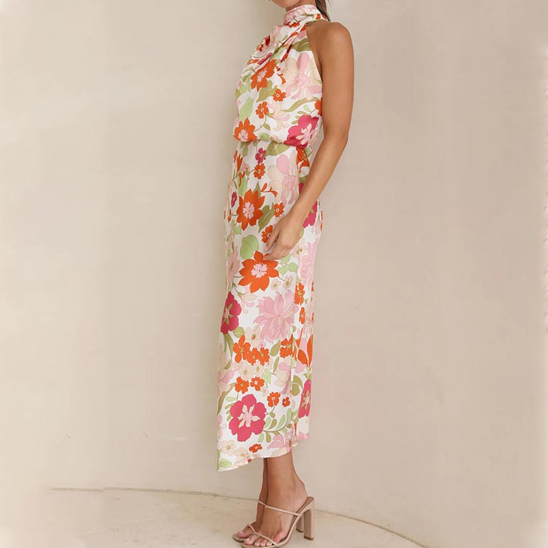 ✨Love In The Garden Floral Halter Neck Elastische Taille Maxi Kleid