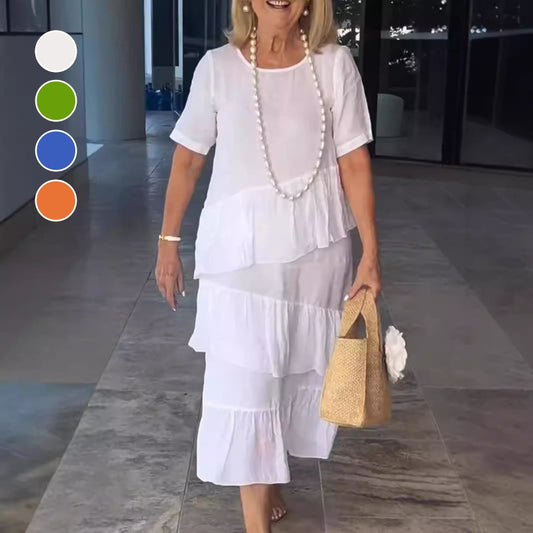50%Rabatt🔥Einfarbiges Damenkleid mit plissiertem, gestuftem Rundhalsausschnitt