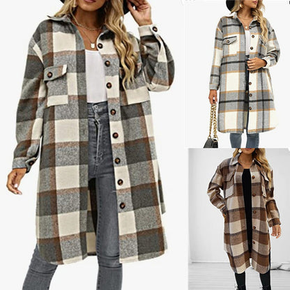 Lässige, lange, karierte Hemdjacke mit Revers und Knopfleiste für Damen