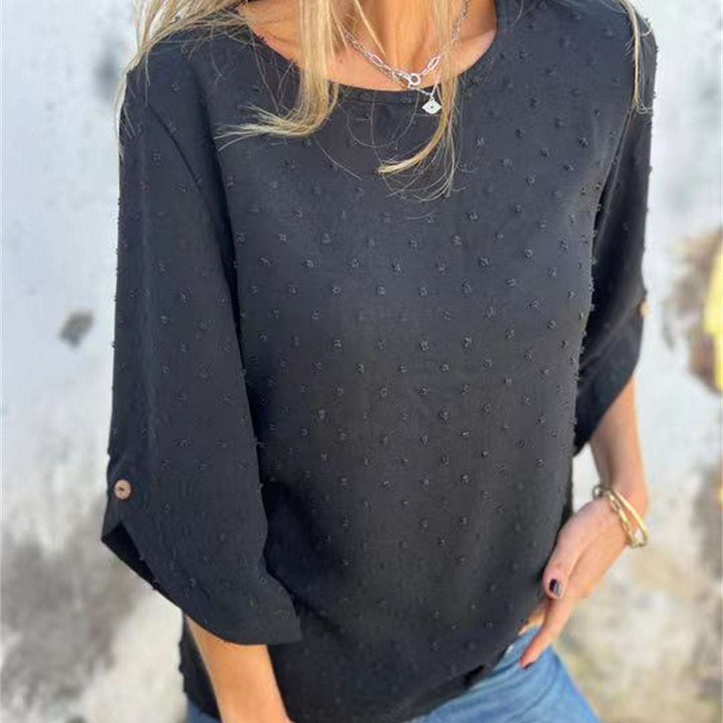🌸👗Lässiges Jacquard-Oberteil mit Rundhalsausschnitt für Damen