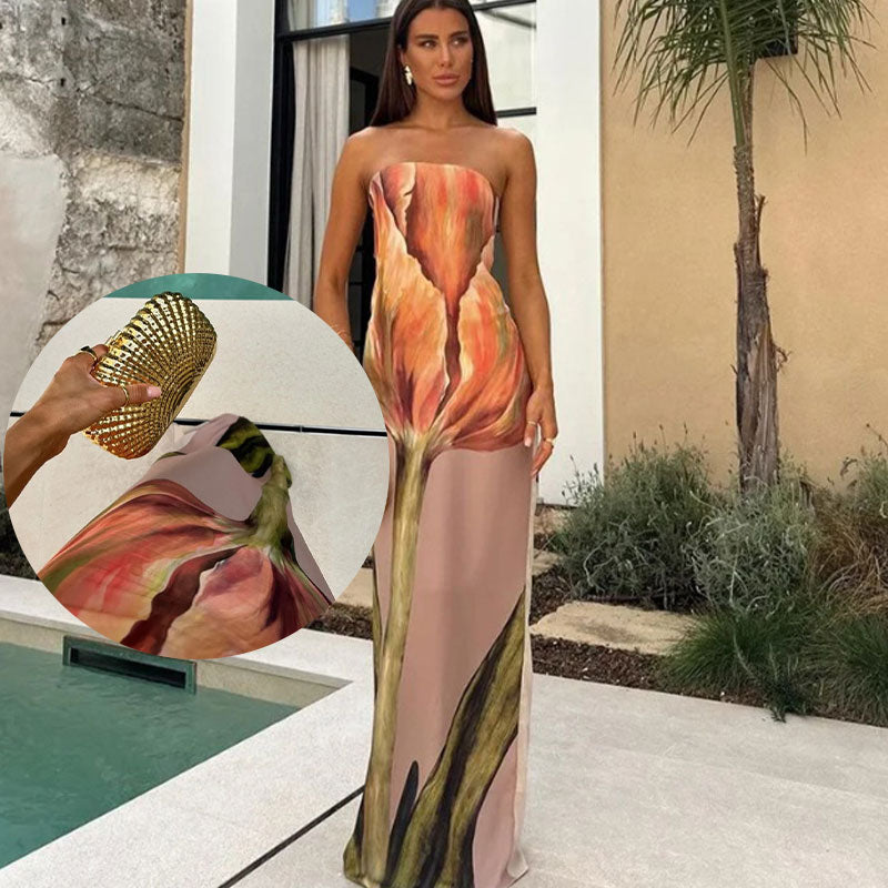 Elegantes, trägerloses Langkleid mit Blumendruck für Damen