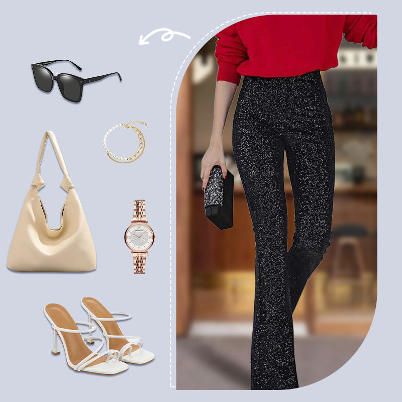 Diva Pailletten High-Waist Hose mit elastischem Bund und Schlag
