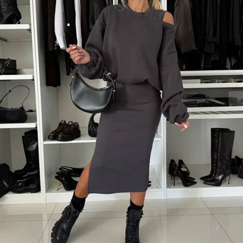 🍂Damen-Set mit Sweatshirt mit schrägen Schultern und ärmellosem Kleid🌸