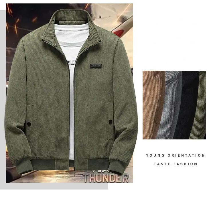 Thermogefütterte lässige Cordjacke mit Reißverschluss und Stehkragen für Herren
