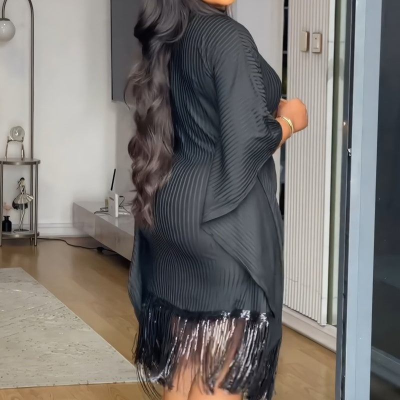 Midikleid in großen Größen mit Pailletten, Fransen und Fledermausärmeln für Damen