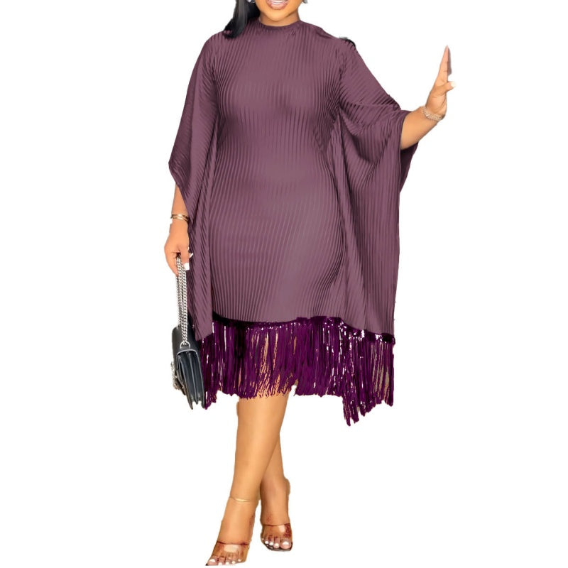 Midikleid in großen Größen mit Pailletten, Fransen und Fledermausärmeln für Damen