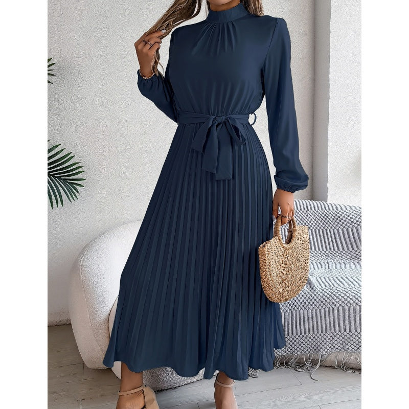Midikleid für Damen mit hohem Bund, Plissee und Gürtel