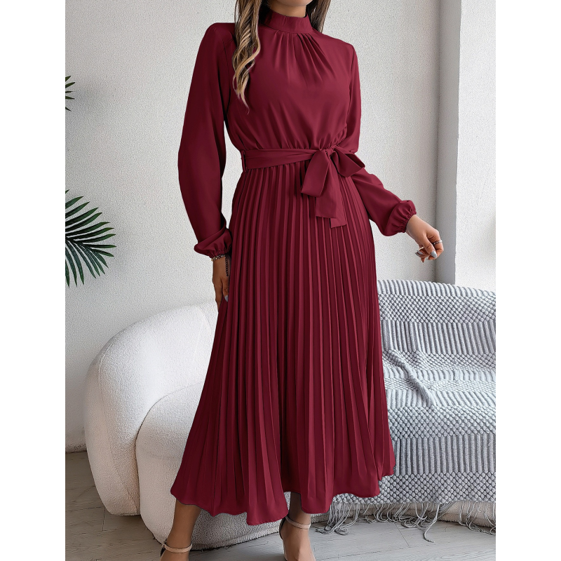 Midikleid für Damen mit hohem Bund, Plissee und Gürtel