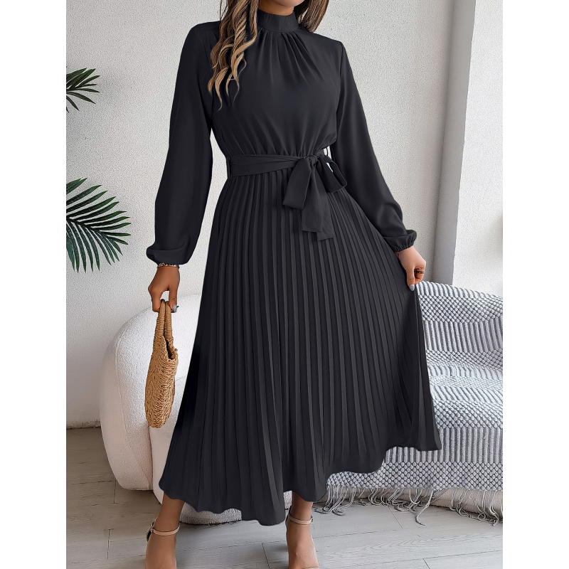 Midikleid für Damen mit hohem Bund, Plissee und Gürtel
