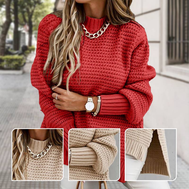 Unifarbener Strickpullover mit Seitenschlitzen und Rundhalsausschnitt