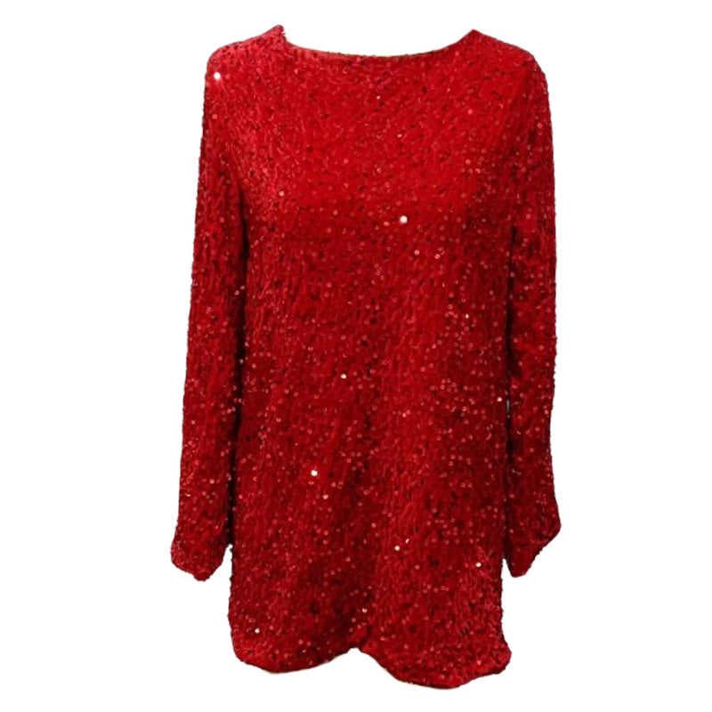 ✨Geschenkauswahl – Langärmliges, lockeres Paillettenkleid mit Raffung