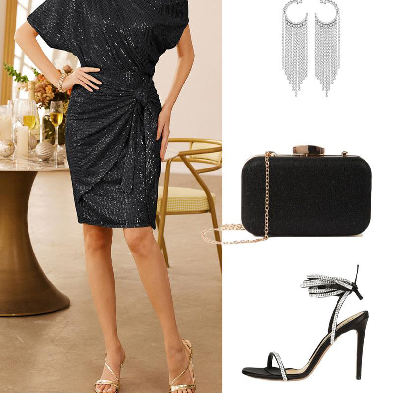 💃Letzter Tag des Schlussverkaufs – 50 % RABATT🎉Funkelndes Kleid mit Rüschen und einem Schulterteil