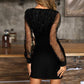 Damen Pailletten Kleid im Wickelschnitt mit Mesh Langärmeln