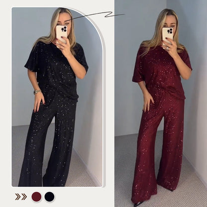 💖Pailletten-Rundhalsoberteil und weite Hose für Damen✨