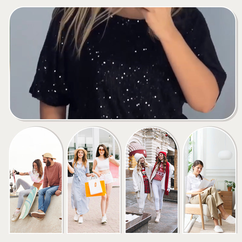 💖Pailletten-Rundhalsoberteil und weite Hose für Damen✨