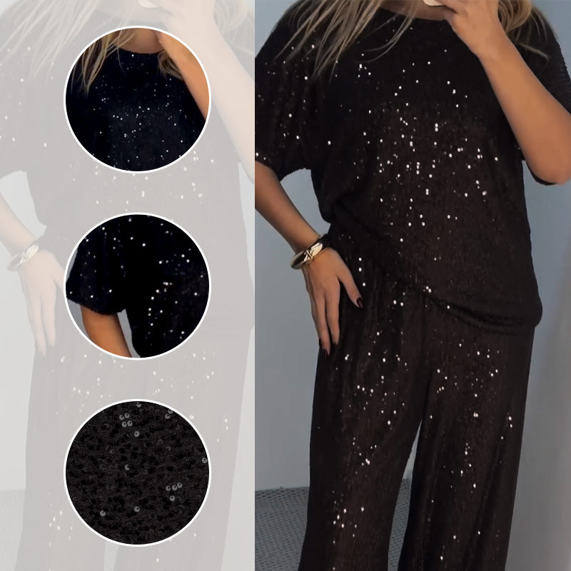 💖Pailletten-Rundhalsoberteil und weite Hose für Damen✨