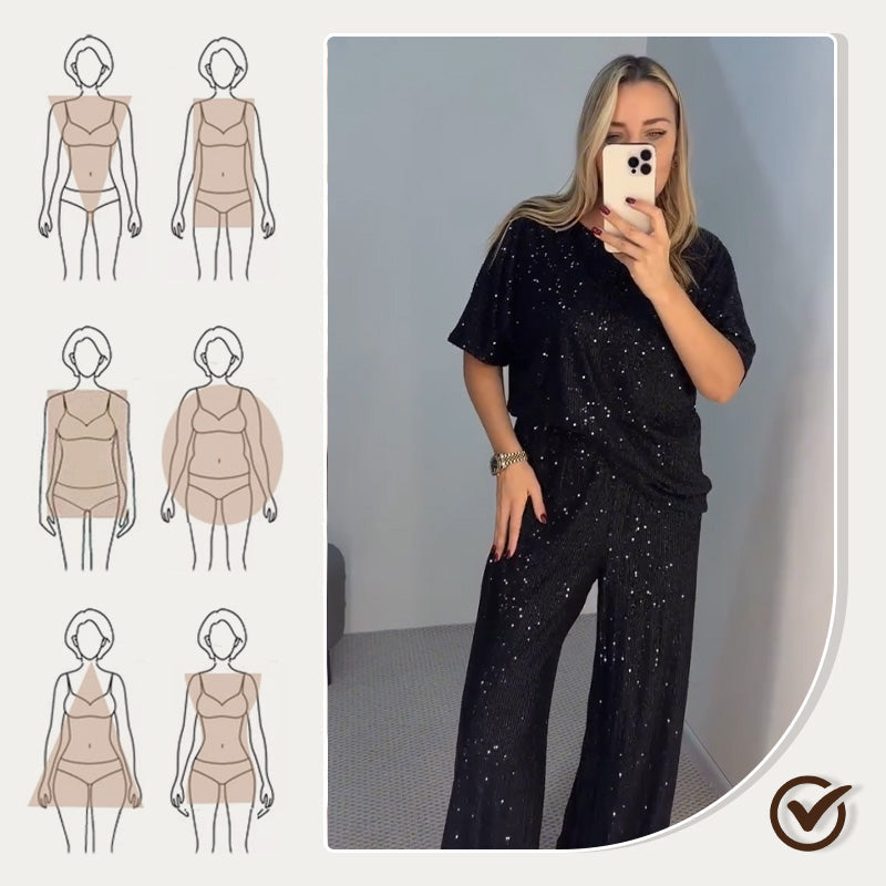 💖Pailletten-Rundhalsoberteil und weite Hose für Damen✨