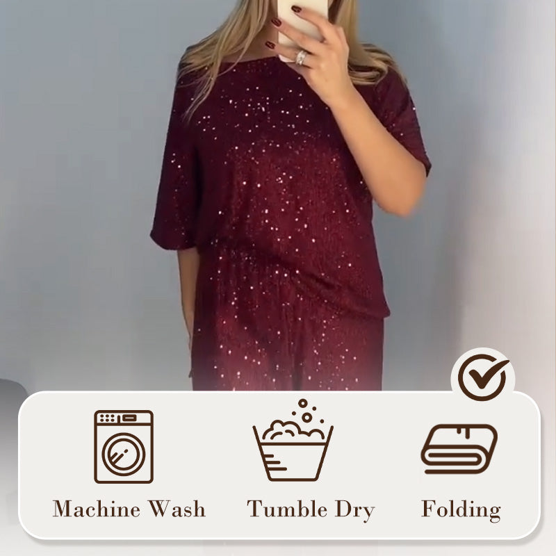 💖Pailletten-Rundhalsoberteil und weite Hose für Damen✨