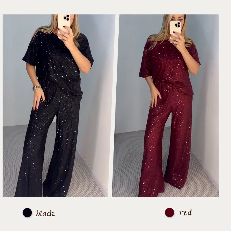 💖Pailletten-Rundhalsoberteil und weite Hose für Damen✨