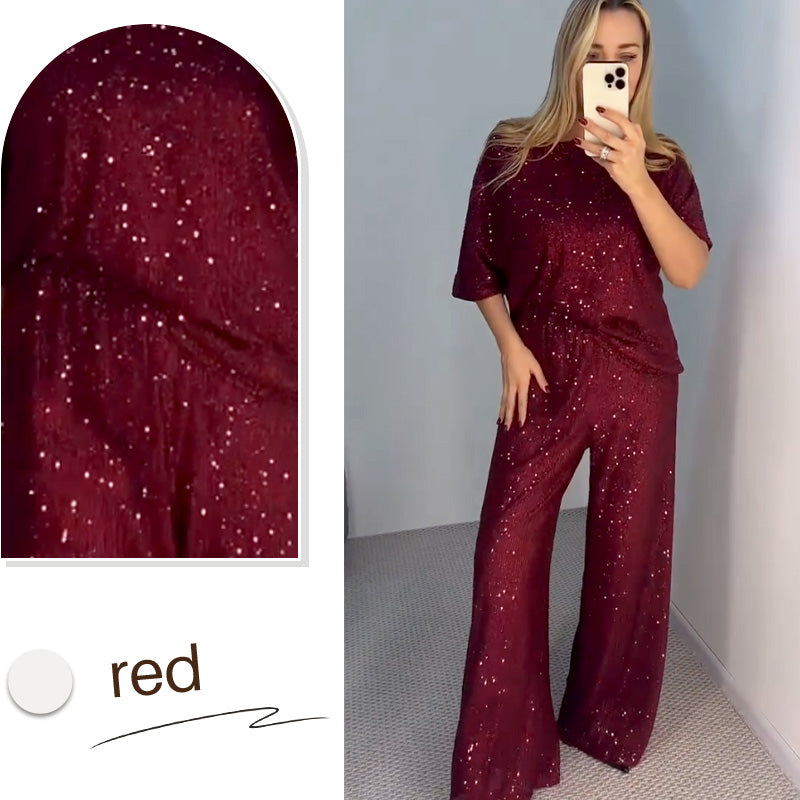 💖Pailletten-Rundhalsoberteil und weite Hose für Damen✨