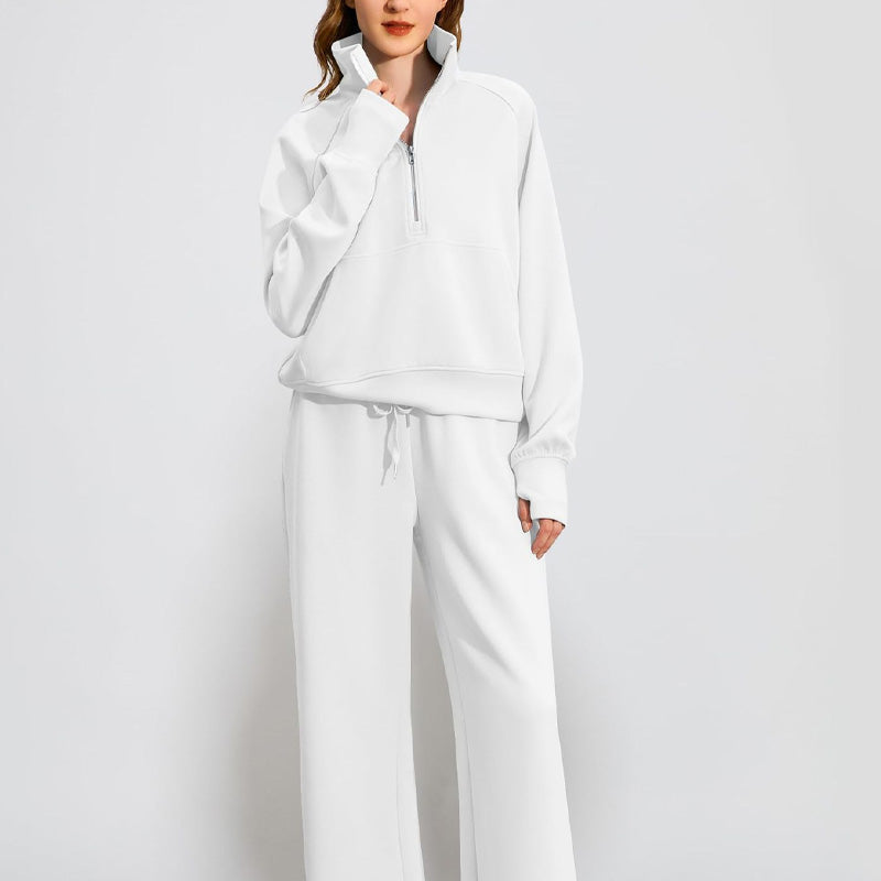 Set aus hochgeschlossenem Pullover mit Reißverschluss und Hose mit weitem Bein für Damen