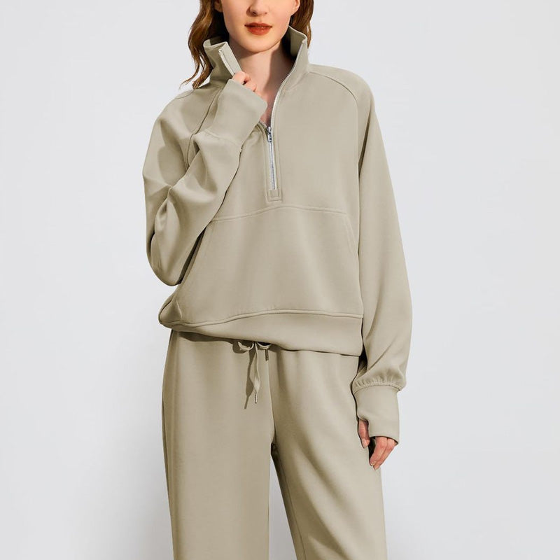 Set aus hochgeschlossenem Pullover mit Reißverschluss und Hose mit weitem Bein für Damen