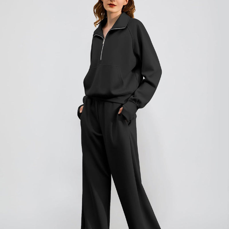 Set aus hochgeschlossenem Pullover mit Reißverschluss und Hose mit weitem Bein für Damen
