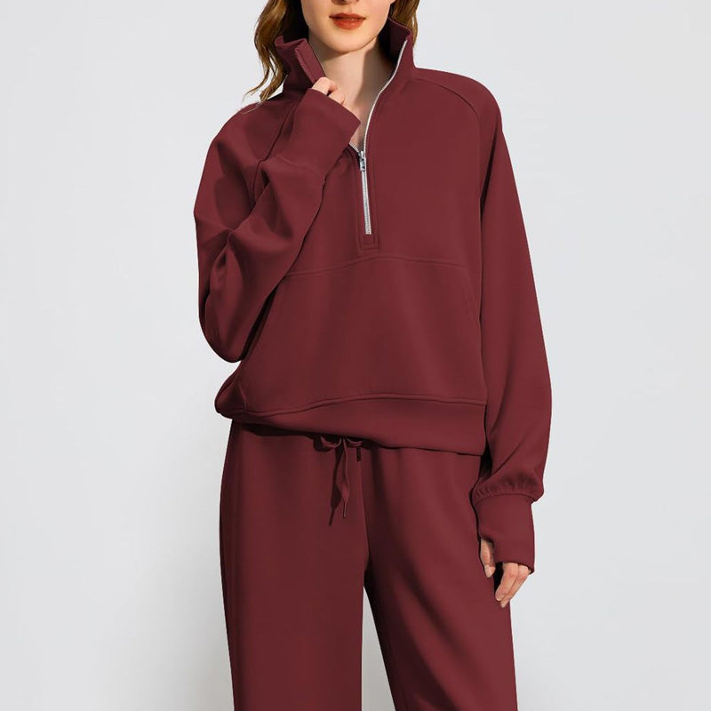 Set aus hochgeschlossenem Pullover mit Reißverschluss und Hose mit weitem Bein für Damen
