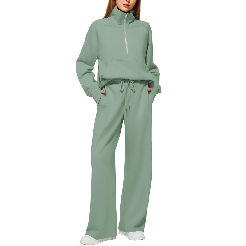 Set aus hochgeschlossenem Pullover mit Reißverschluss und Hose mit weitem Bein für Damen