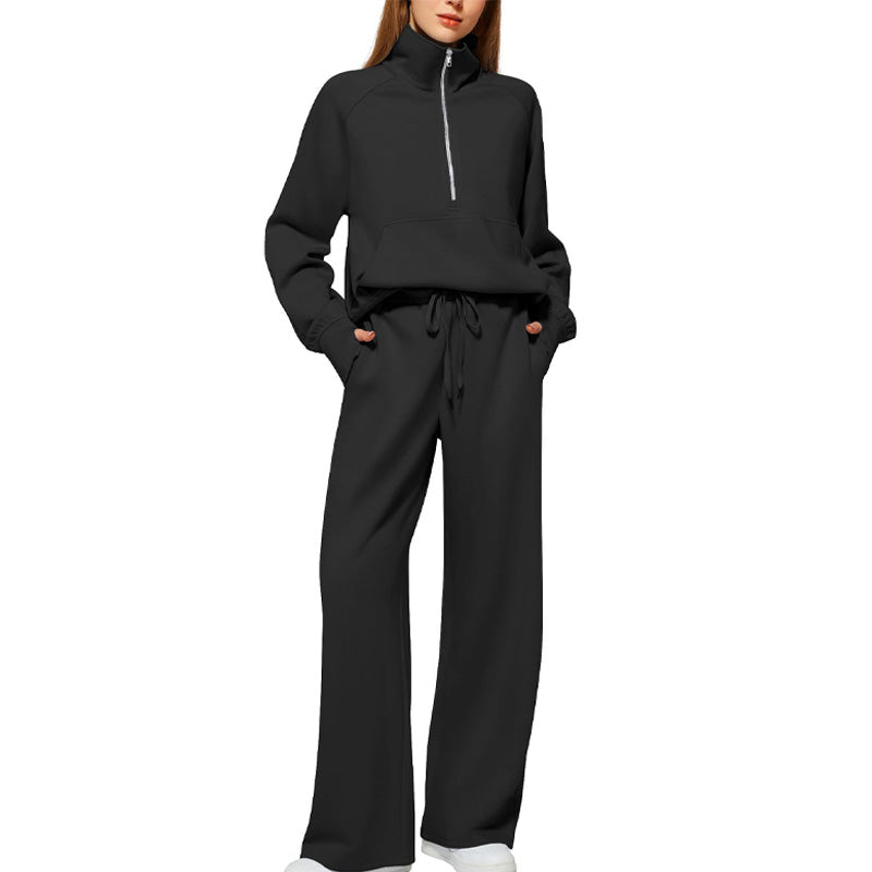 Set aus hochgeschlossenem Pullover mit Reißverschluss und Hose mit weitem Bein für Damen