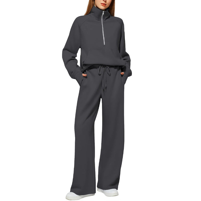 Set aus hochgeschlossenem Pullover mit Reißverschluss und Hose mit weitem Bein für Damen