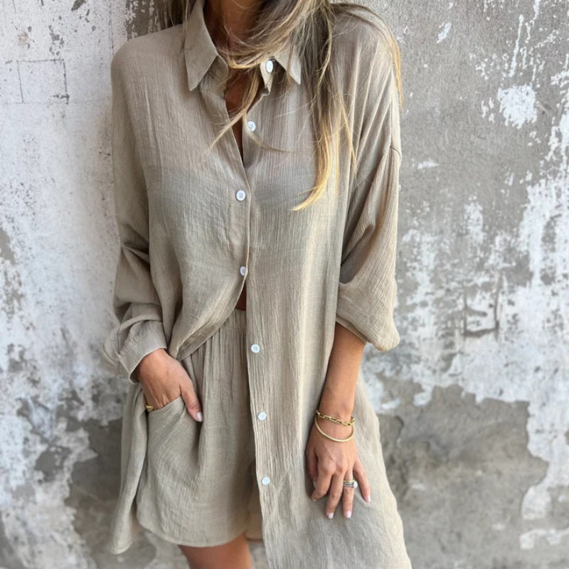 💖Lässiger Damen-Zweiteiler aus Langarmbluse und Shorts✨