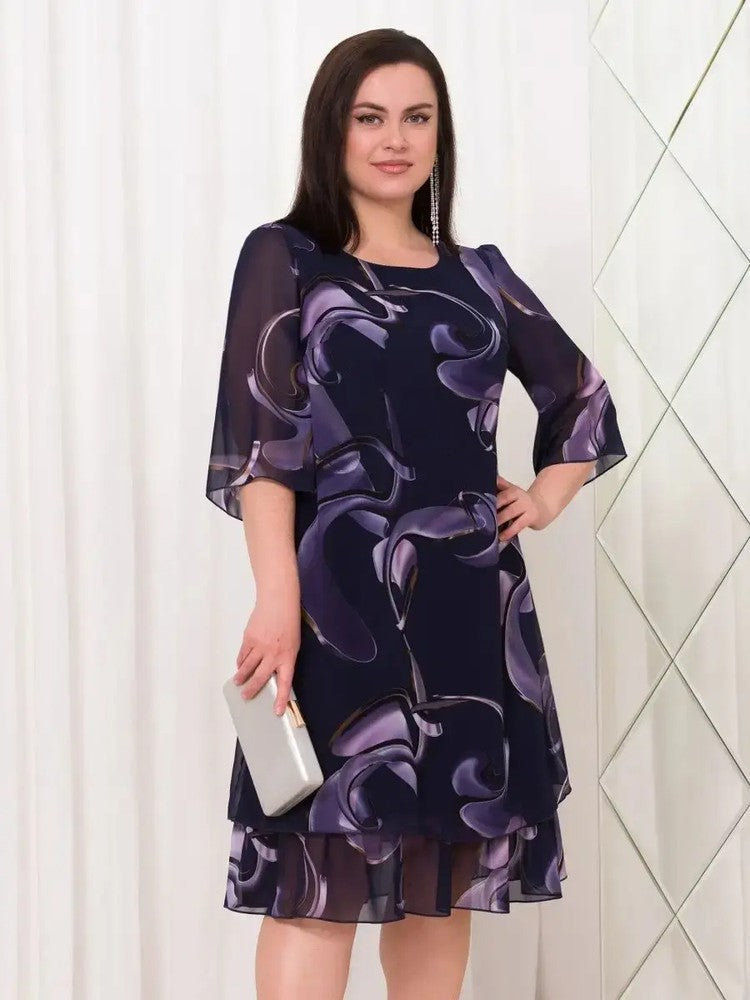 💕[M - 4XL]👗2025 Neue geraffte Ärmel Elegante gedruckte Chiffonkleider