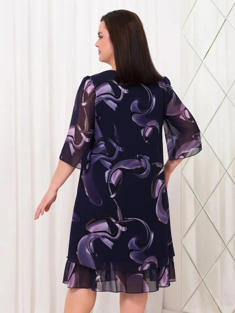 💕[M - 4XL]👗2025 Neue geraffte Ärmel Elegante gedruckte Chiffonkleider