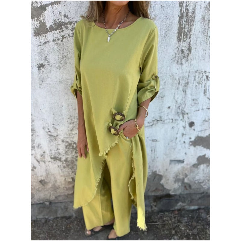 🌸New Arrival Hot Sale 🔥Eleganter Damenanzug aus Baumwollleinen (2-teiliges Set)