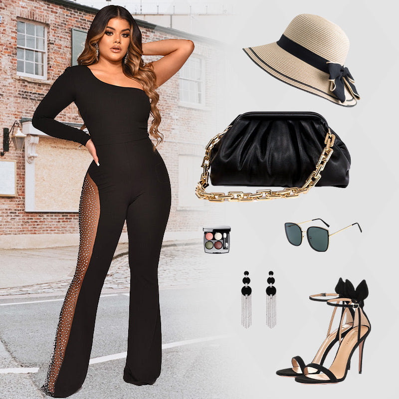🌸Saisonrabatt 49%🌸 Sexy schulterfreier, figurbetonter Jumpsuit mit Strasssteinen