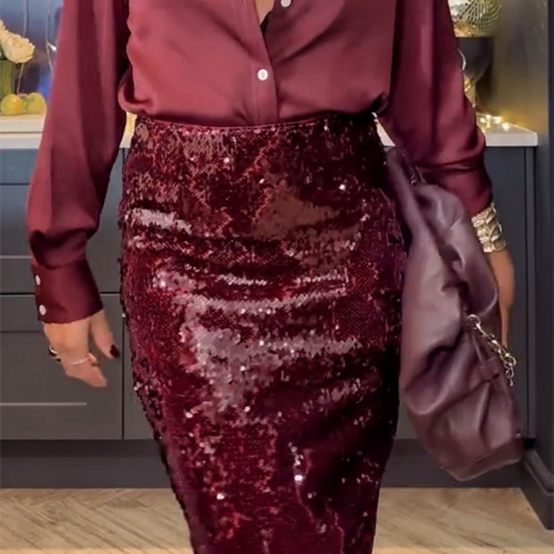 💥Heißer Verkauf 50% Rabatt💃Elegantes Damen-Top und Paillettenrock, 2-teiliges Set