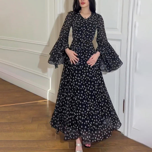 Elegantes Print-Lotus-Ärmel-Kleid