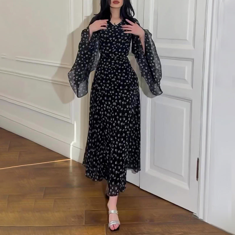 Elegantes Print-Lotus-Ärmel-Kleid