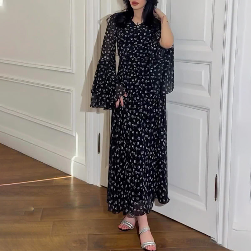 Elegantes Print-Lotus-Ärmel-Kleid