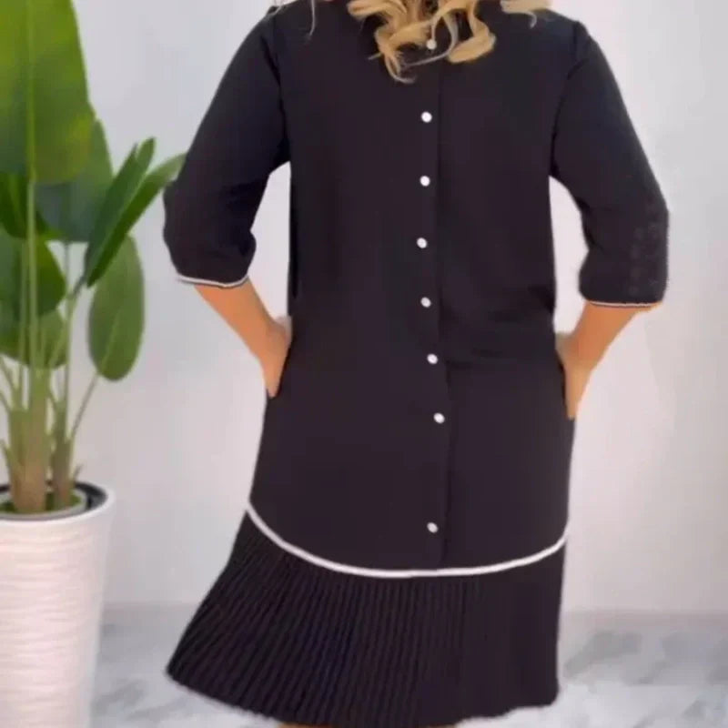 Damen Rundhalsausschnitt Rücken Knopf plissiertes Kleid