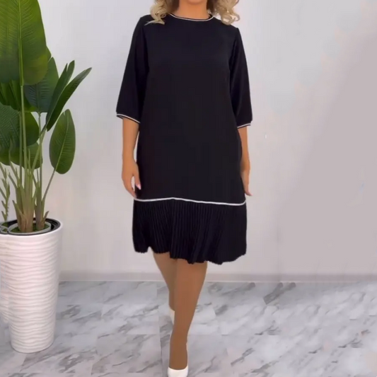 Damen Rundhalsausschnitt Rücken Knopf plissiertes Kleid