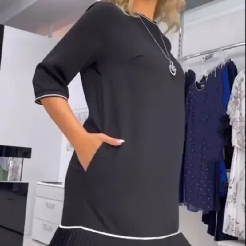 Damen Rundhalsausschnitt Rücken Knopf plissiertes Kleid