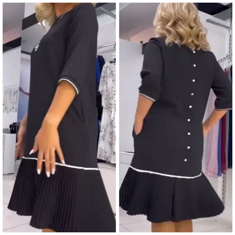 Damen Rundhalsausschnitt Rücken Knopf plissiertes Kleid