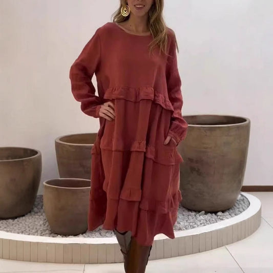 Langärmeliges Damenkleid mit Rundhalsausschnitt und Rüschenbordüre