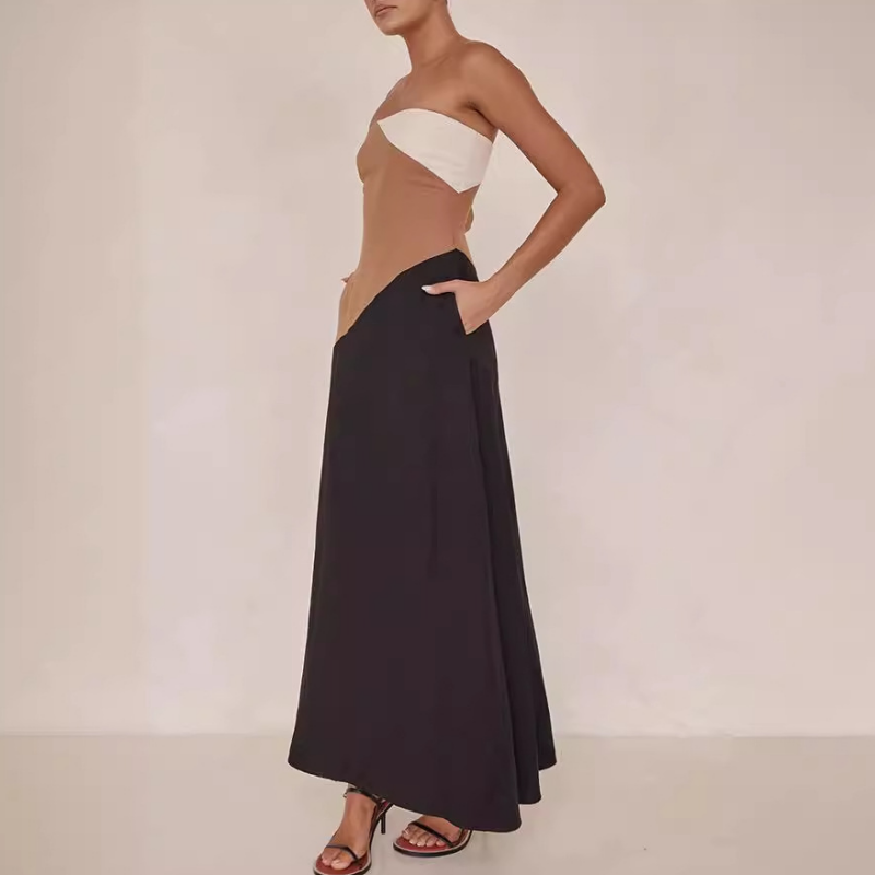 Ärmelloses, schulterfreies, figurbetontes Farbblockkleid für Damen