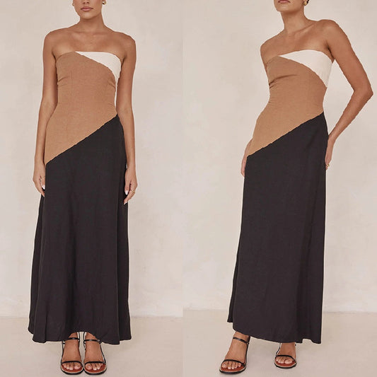 Ärmelloses, schulterfreies, figurbetontes Farbblockkleid für Damen
