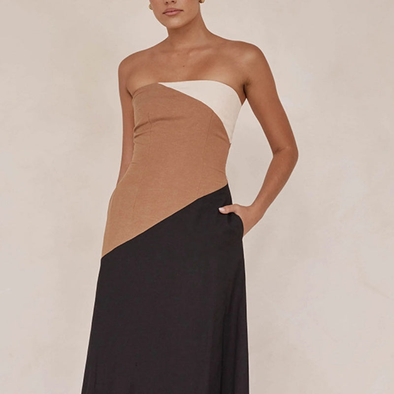 Ärmelloses, schulterfreies, figurbetontes Farbblockkleid für Damen